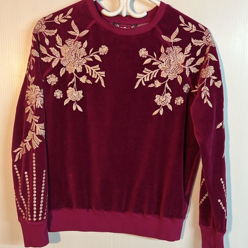 Johnny Was Burgundy Velvet Embroidered Floral Sweatshirt